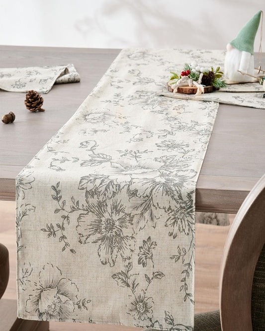 jinchan Floral Linen Table Runner for Kitchen Farmhouse Table Cloth with Grey Flower Print 13 x 72 Inch Beige Linen Blend Cloth for Kitchen Dining Table Indoor Outdoor Decor 1 Panel