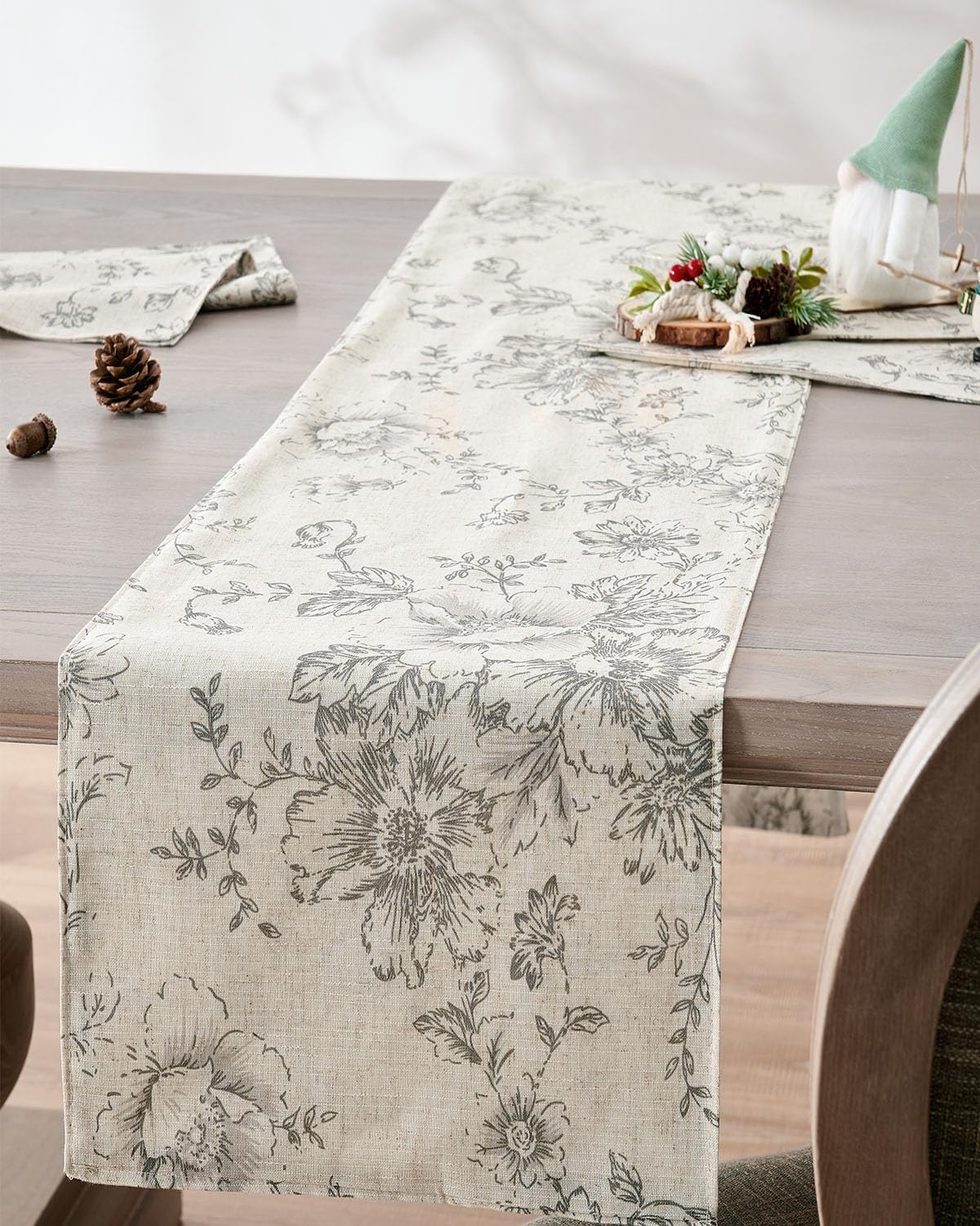 jinchan Floral Linen Table Runner for Kitchen Farmhouse Table Cloth with Grey Flower Print 13 x 108 Inch Beige Linen Blend Cloth for Kitchen Dining Table Indoor Outdoor Decor 1 Panel