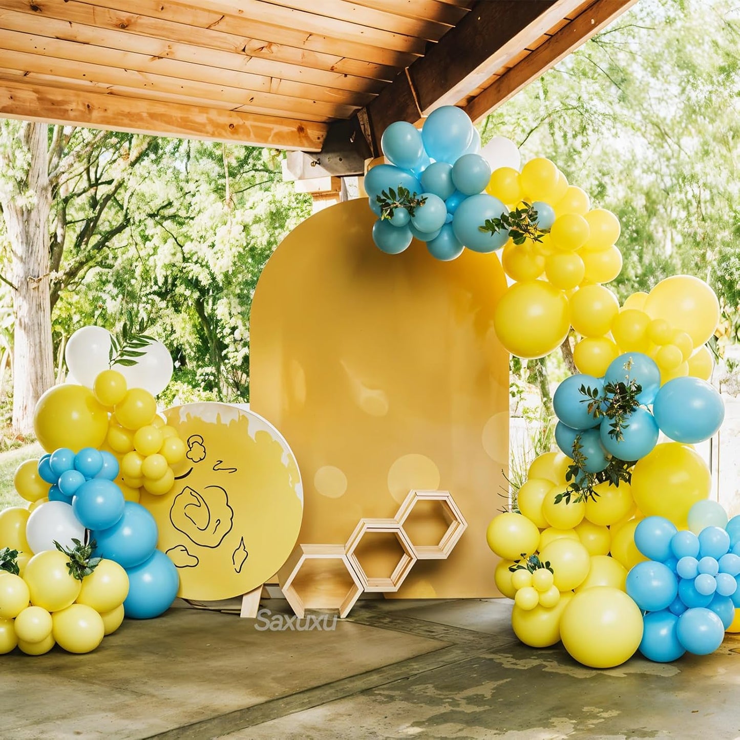 Pastel Green Blue Yellow Balloon Arch Kit, Green Blue Yellow Balloons garland Arch Kit, Ivory White Balloons For Bear Theme Birthday Baby Shower Honey Party Wedding Anniversary Engagement Decorations