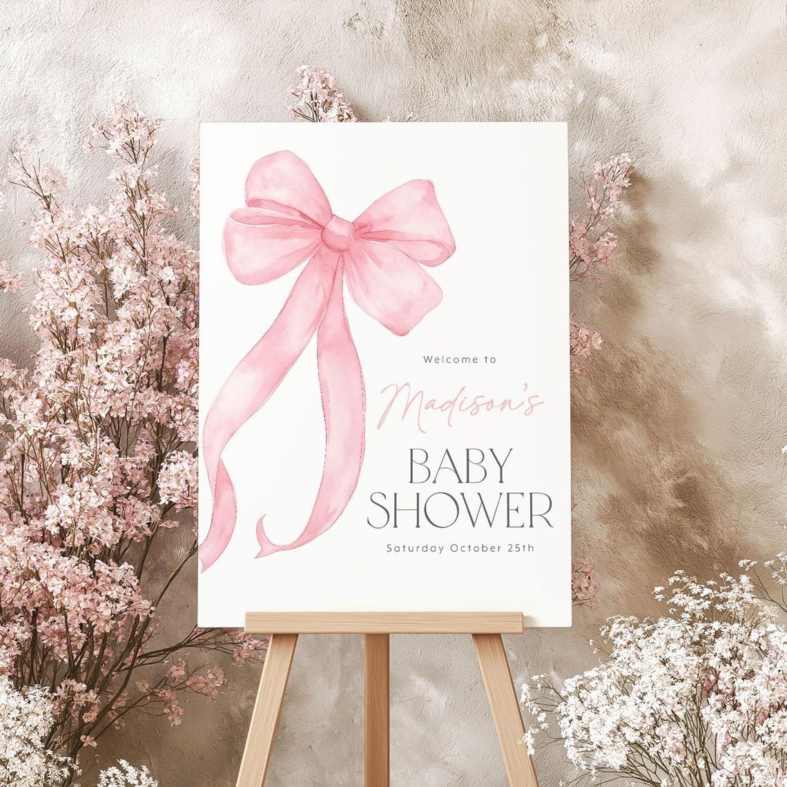 Generic Pink Bow Baby Shower Sign, Rectangular, Plastic, Full Size, Cottage Style, Welcome Baby Shower Sign