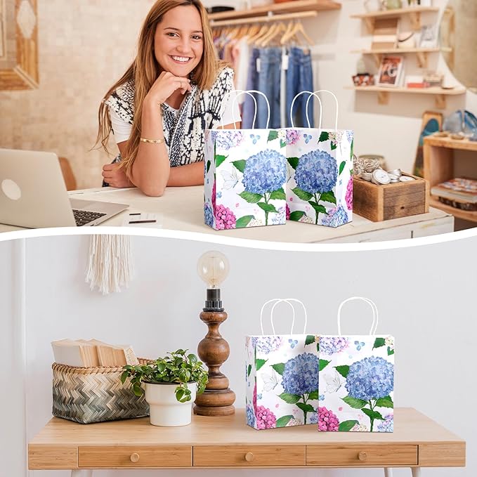 24 Pcs Floral Gift Bags Watercolor Hydrangea Paper Gift Bags with Handles Summer Party Favor Bag for Wedding Birthday Baby Shower