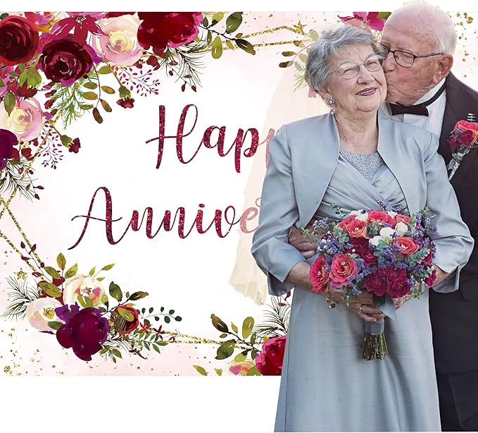 Homewelle Happy Anniversary Backdrop 5Wx3H Feet Polyester Fabric Elegant Burgundy Flower Rose Floral Plant Botanical Decoration Green Leaves Gold Glitter Photography Background Photo Shoot Props