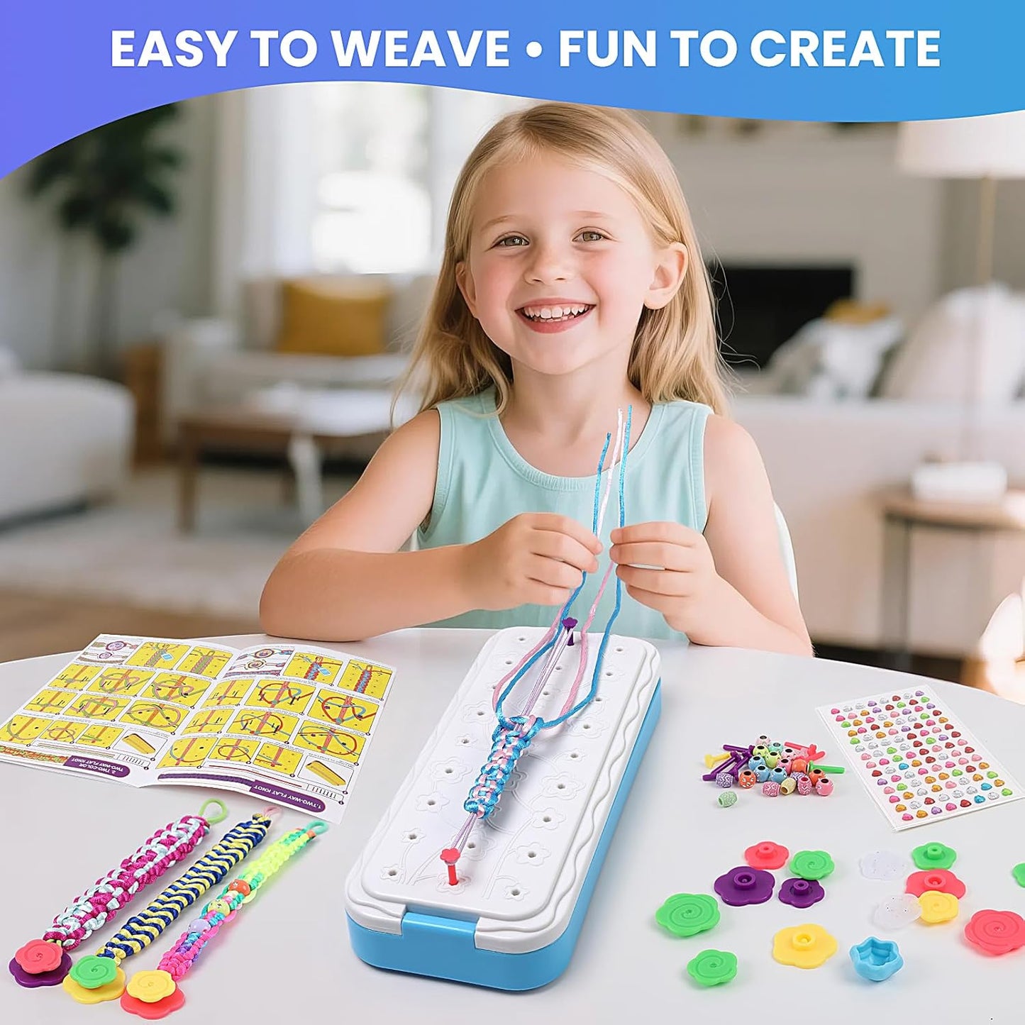 DDAI Friendship Bracelet Making Kits Crafts - Arts & Crafts for Kids Ages 8–12 - Birthday Gifts for 7 9 10 11 12 Years Old Girls Toys, String Bracelet Maker Loom Box for Kids, DIY Gem Stickers