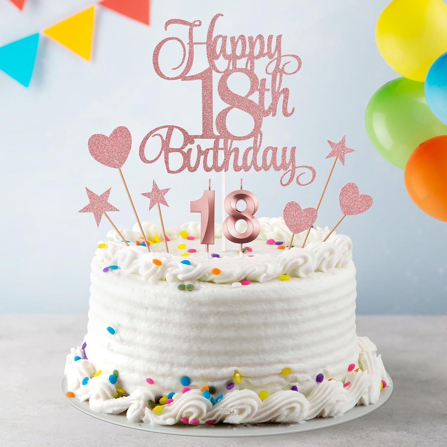 18th Birthday Cake Decorations, 18th Birthday Candles Cake Numeral Candles and Glitter Happy 18th Birthday Cake Toppers Set for Birthday Party Supplies (Rose Gold)