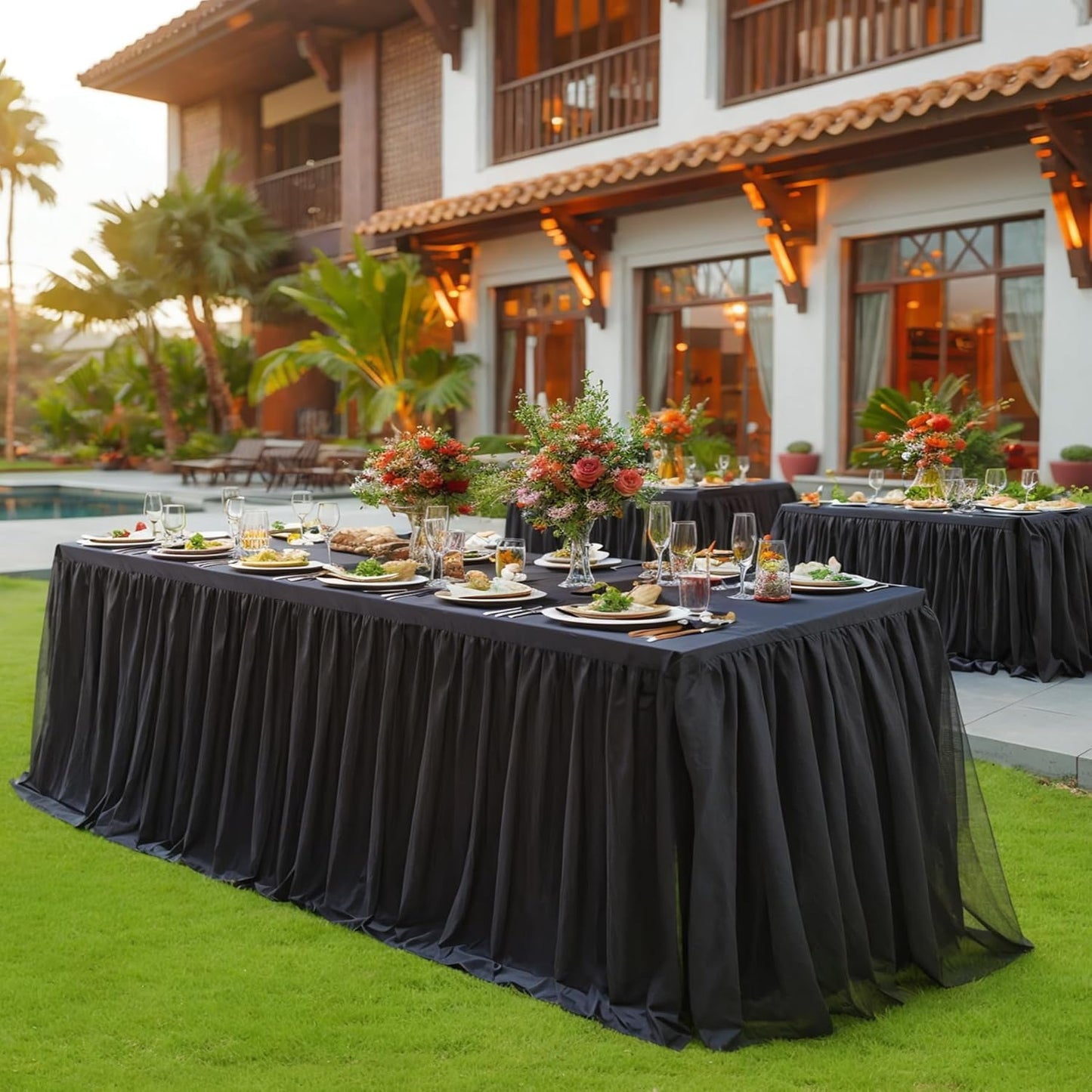 6 Pack Black Tulle Tablecloths for 8 Foot Rectangular Tables, 8ft Black Rectangle Table Cloths, Wrinkle Free Table Cover with Tutu Skirt for Wedding Birthday Party Banquet Buffet Event Decorations
