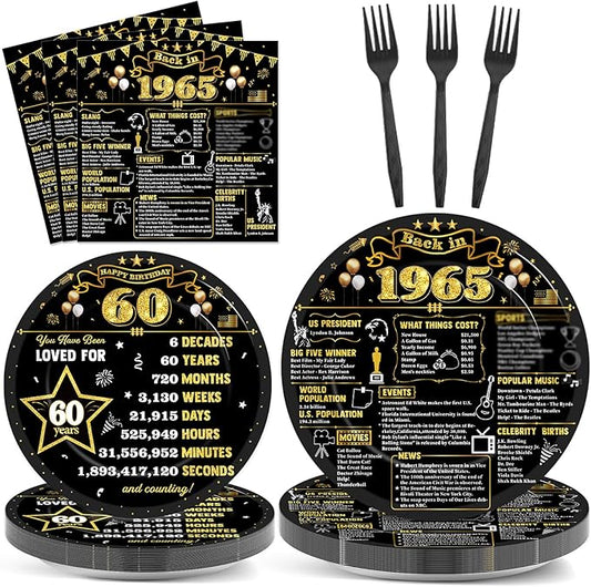 CHUNNIN 96Pcs 60th Birthday Plates and Napkins Back in 1965 Party Decorations Black Gold 60 Year Old Party Dessert Plates 1965 Tableware for 24 Guests 60th Theme Men Woman Birthday Supplies