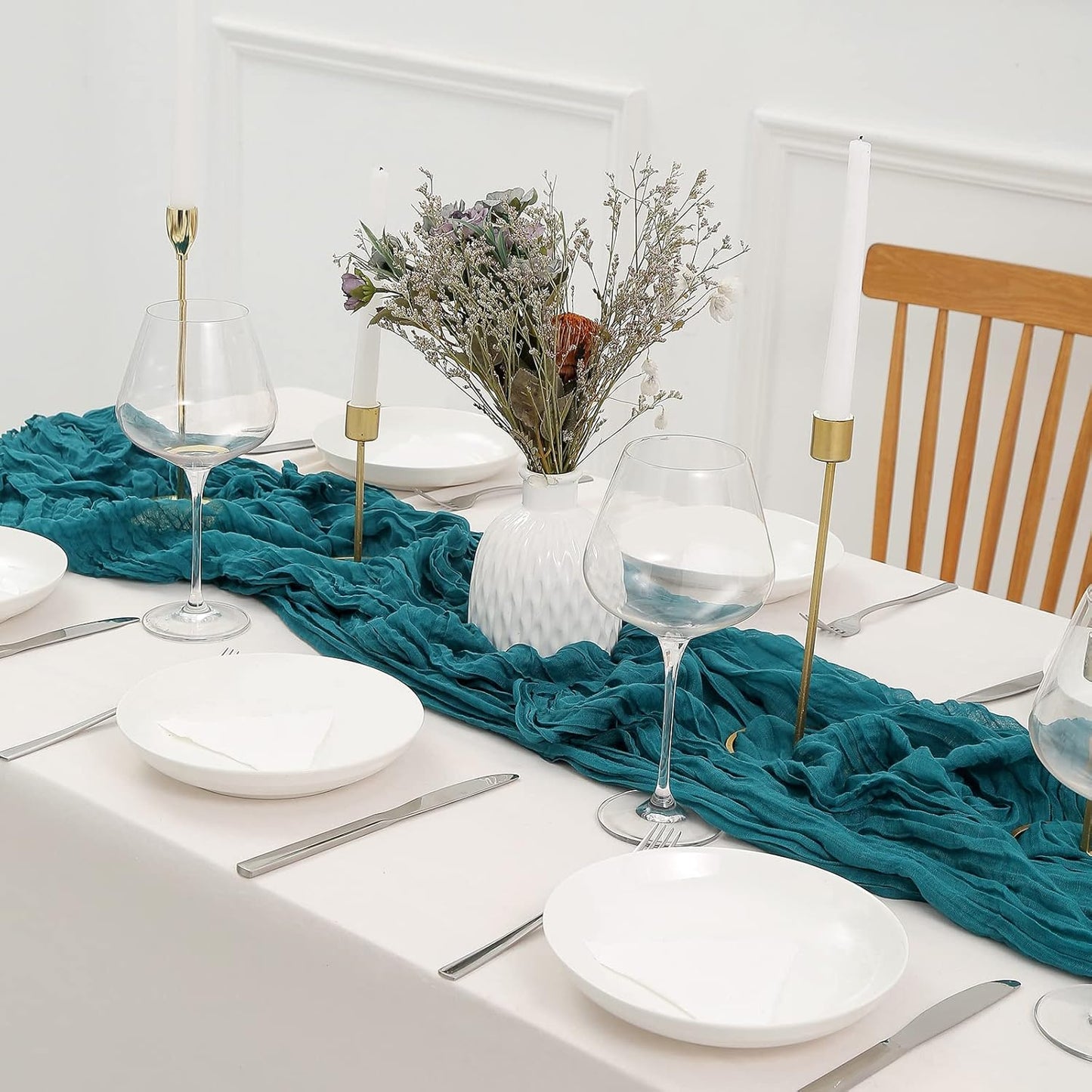 DOLOPL 8PCS Teal Cheesecloth Table Runner Bulk 13.3ft Boho Gauze Cheese Cloth Table Runner Rustic Sheer Runner 160inch Long for Wedding Bridal Baby Shower Birthday Party Cake Table Decorations