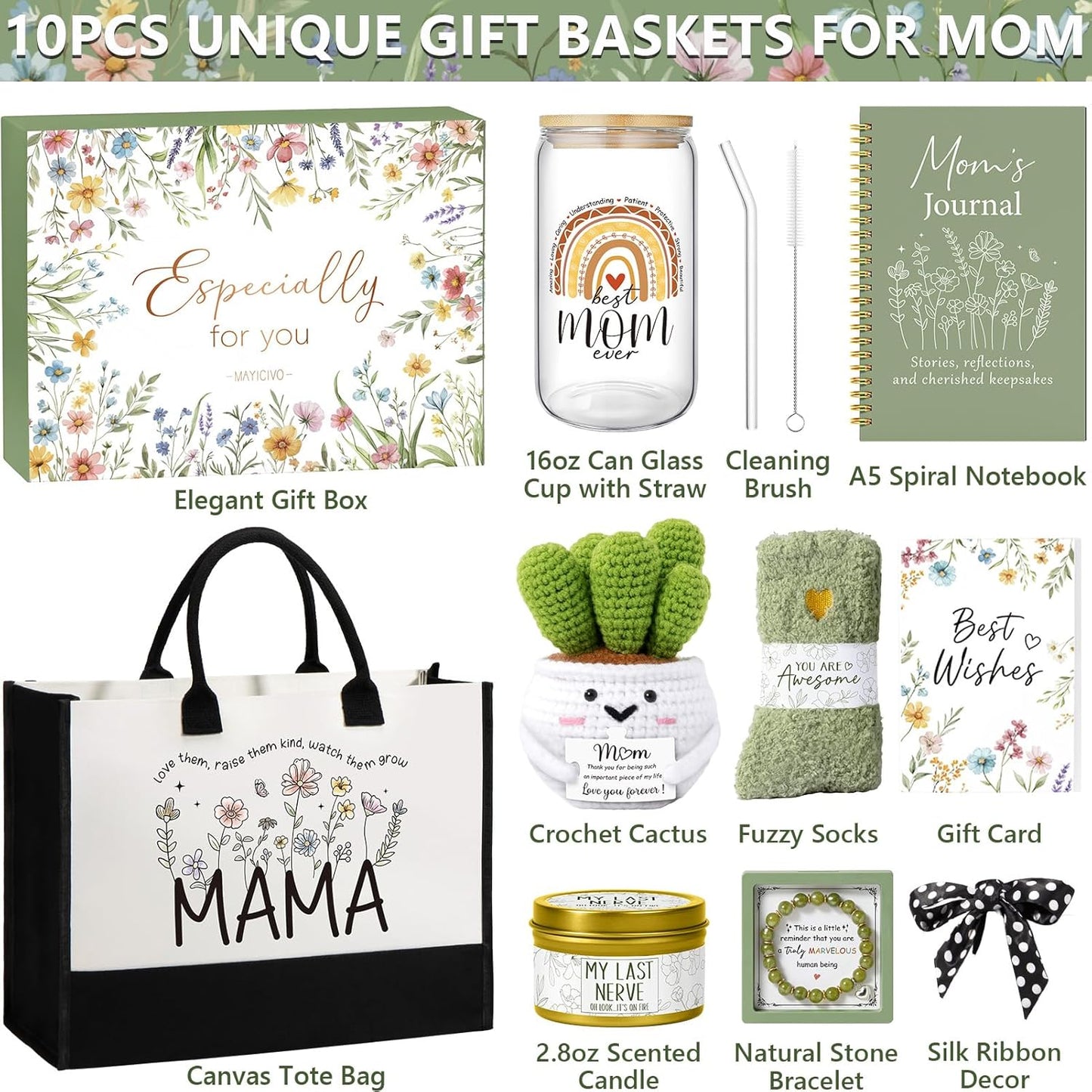 Christmas Gifts for Mom from Daughter Son Kids, Best Mom Birthday Gifts Ideas for Women Mother-in-Law Xmas Mothers Day Gift Baskets for Mother, New Mama Gift for Wife from Husband w/Canvas Tote Bag