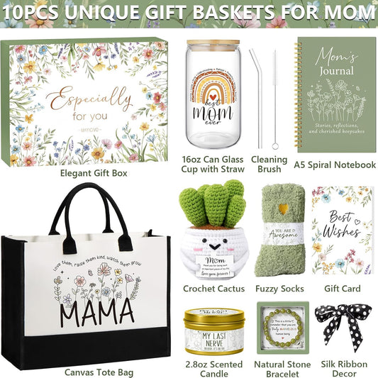 Christmas Gifts for Mom from Daughter Son Kids, Best Mom Birthday Gifts Ideas for Women Mother-in-Law Xmas Mothers Day Gift Baskets for Mother, New Mama Gift for Wife from Husband w/Canvas Tote Bag