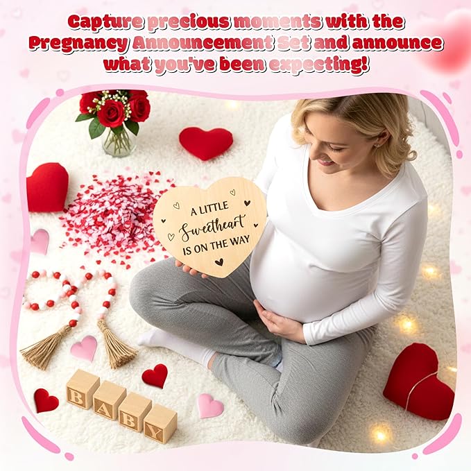 13Pcs Valentine Pregnancy Announcement Set - Coming Soon Baby Announcements Ideas Include Wooden Sign Beads Garland Wood Blocks Sponge Pregnancy Reveal Photo Props for Grandparents Dad Husband Family
