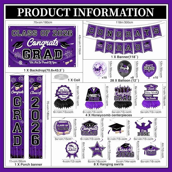 Graduation Decorations Class of 2026 Purple Graduation Party Decor Set include Congrats Grad Banner Backdrop Class of 2026 Balloons Party Supplies