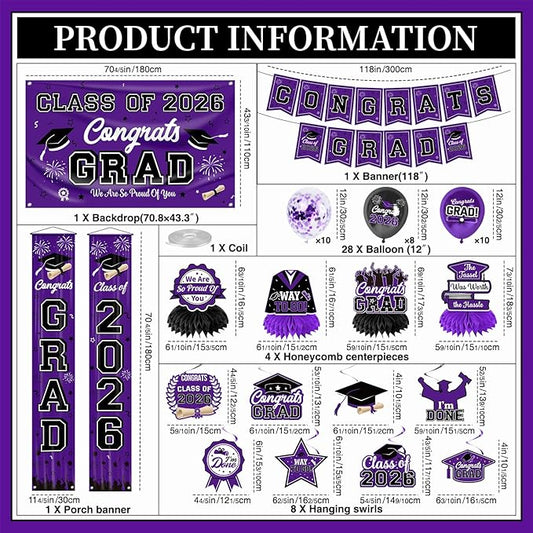 Graduation Decorations Class of 2026 Purple Graduation Party Decor Set include Congrats Grad Banner Backdrop Class of 2026 Balloons Party Supplies