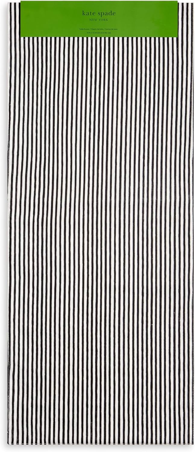 kate spade new york Hand Painted Shirting Stripe Reversible Table Runner, 100% Cotton, Cream/Black, 15"x72"