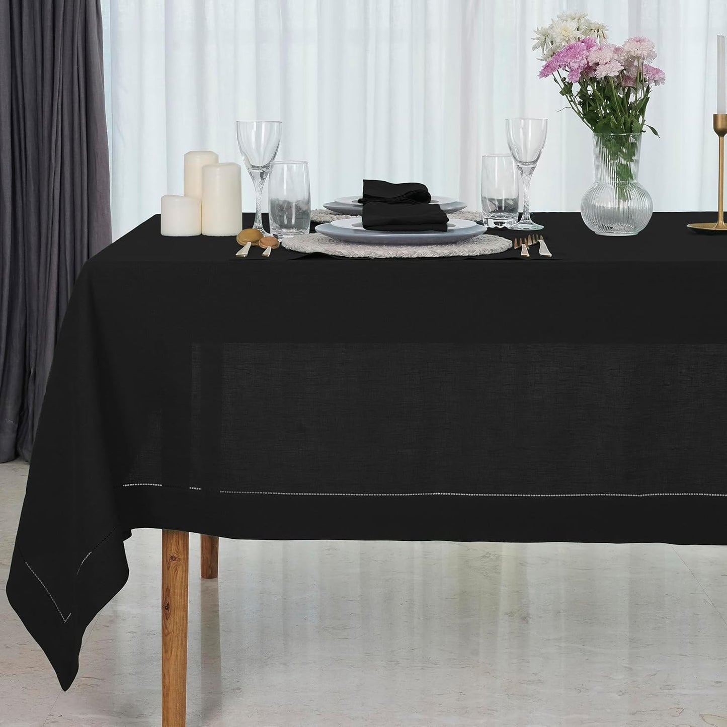 D'Moksha Homes Black Linen Tablecloth for Rectangle Tables 60 x 102 Inch - Classic Hemstitch 100% Pure Linen Black Table Cloth - Machine Washable Dining Tablecloth for Fall, Autumn and Halloween