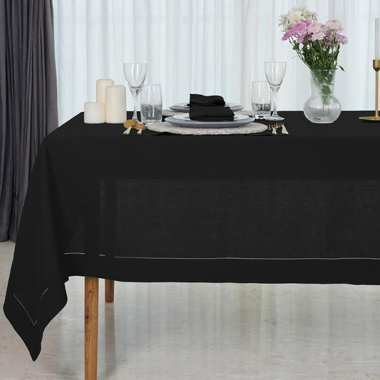 D'Moksha Homes Black Linen Tablecloth 60 x 108 Inch - 100% Pure Linen Black Table Cloth for Rectangle Tables - Classic Hemstitch, Machine Washable Tablecloth for Fall, Autumn and Halloween