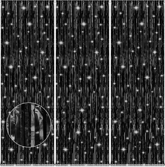 Accevo 3Pack Black Foil Fringe Curtains Party Streamers 3.2ft x 8.2ft Door Streamer Tinsel Streamers Black Party Decorations Photo Booth for Halloween New Year Holiday Celebration Party Decoration