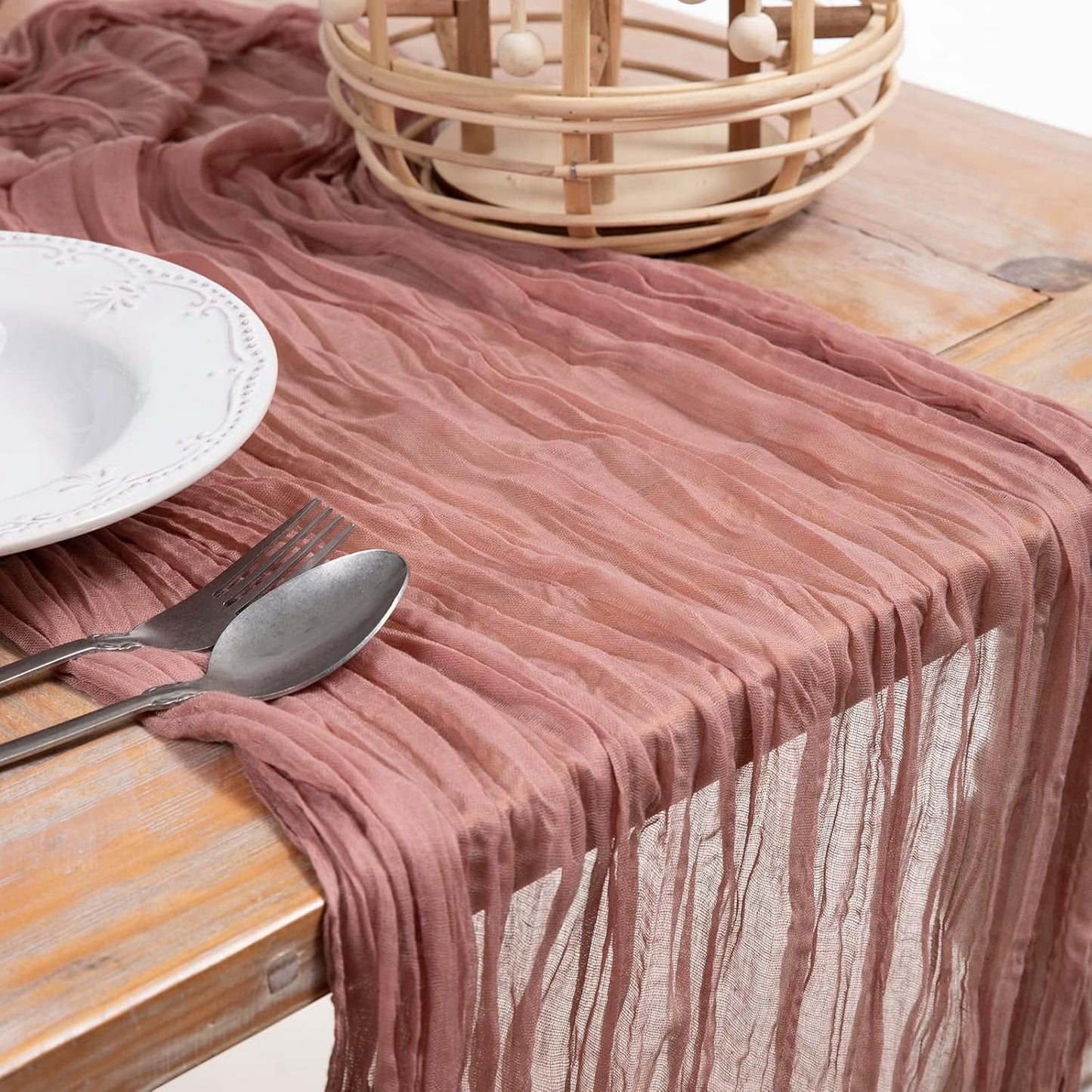 DOLOPL 8PCS Dusty Rose Cheesecloth Table Runner Bulk 13.3ft Boho Gauze Cheese Cloth Table Runner Rustic Sheer Runner 160inch Long for Wedding Bridal Baby Shower Birthday Party Cake Table Decorations
