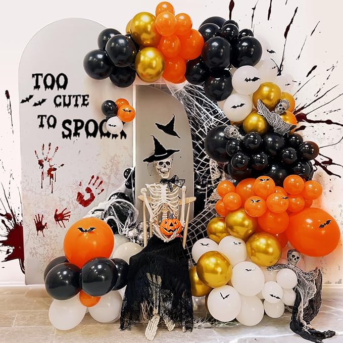 Halloween Balloon Garland Arch Kit, 134 pcs Orange Black White Gold Latex Balloons in Assorted Sizes, Perfect for Halloween Party, Haunted House, Spooky Birthday or Indoor Outdoor Decor