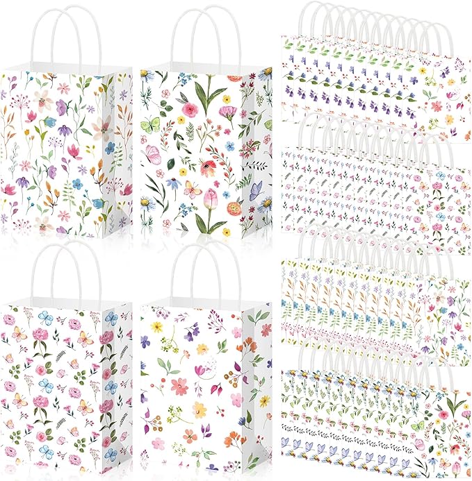 Gilprop 48 Pcs Wildflower Paper Gift Bags Spring Floral Candy Goodie Treat Bags Easter Flower Party Favor Bag with Handle for Mother's Day Birthday Party Bridal Shower Wedding Gift Wrapping Supplies