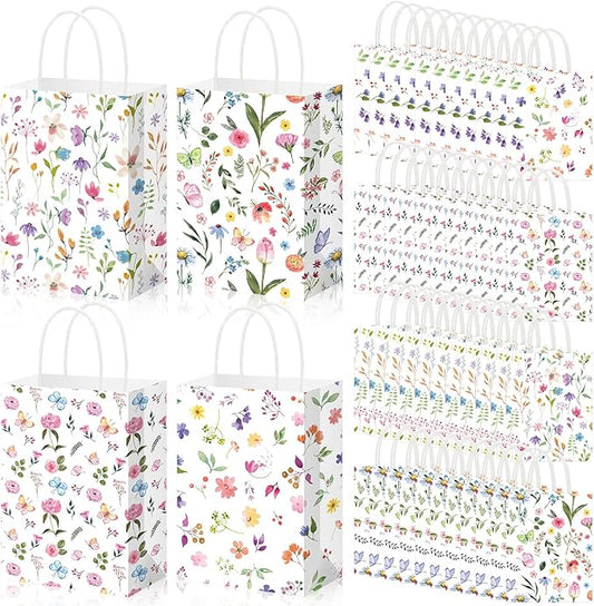Gilprop 48 Pcs Wildflower Paper Gift Bags Spring Floral Candy Goodie Treat Bags Easter Flower Party Favor Bag with Handle for Mother's Day Birthday Party Bridal Shower Wedding Gift Wrapping Supplies