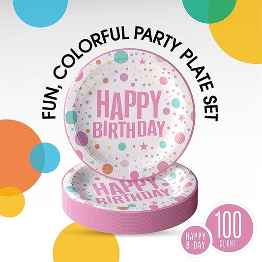 Exquisite Pink Birthday Paper Plates Disposable Heavy Duty 100 Pcs - 50-7" & 50-9" Pink Birthday Plates For Party Heavy Duty Paper Plate 350 GSM Party Supplies Plate Set