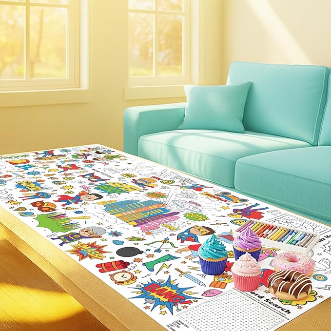 Superhero Coloring Tablecloth, Coloring Table Cloth 30x72 Inch, Superhero Giant Coloring Poster with Capes, Masks, Perfect for Birthday Party Games, Action-Themed Decorations