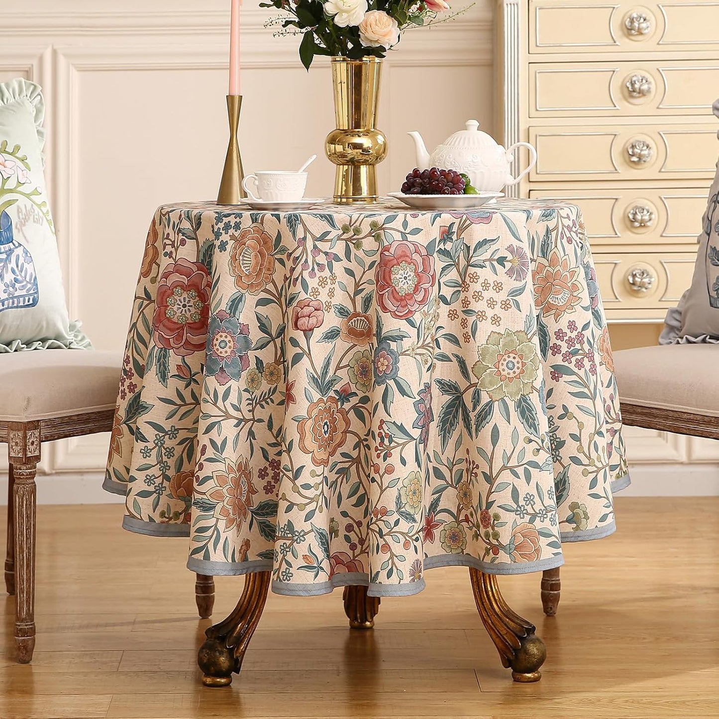 Designer Vintage Linen Round Tablecloth,French Rustic Floral Table Cloth with Colorful Pattern,Decor Table Cover for Kitchen,Dining,Thanksgiving,Christmas,Diameter 67"-Flowershadow a