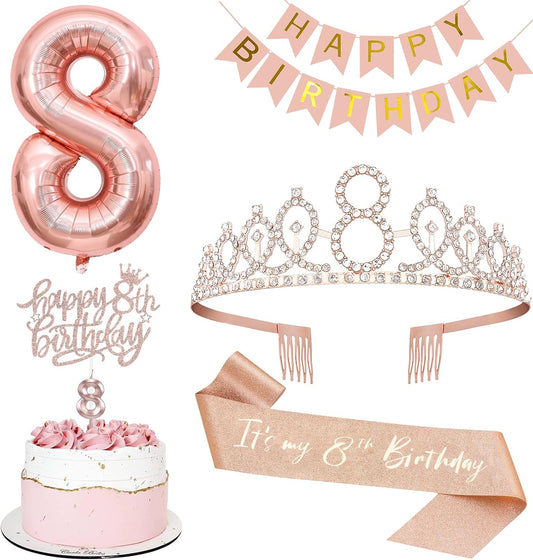 8th Birthday Decorations for Girls, Including 8th Tiara and Sash, Happy Birthday Banner, Cake Toppers, Number Candles and Balloons Set, Rose Gold