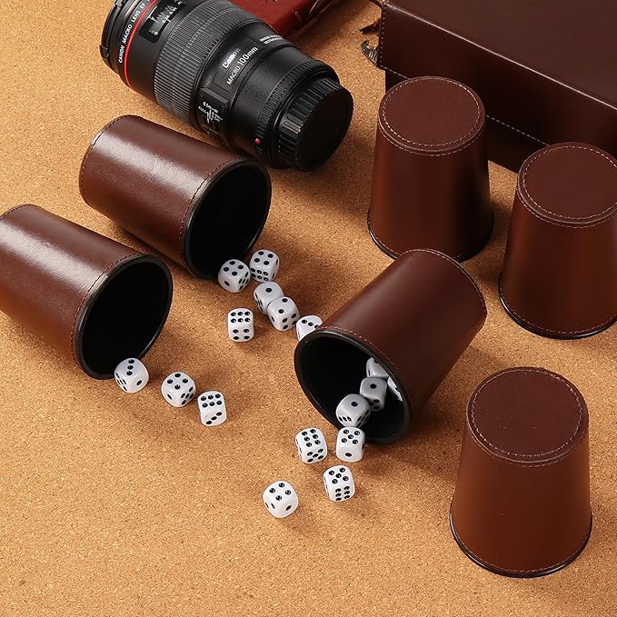 Leather Dice Cup Set, 5 Black Dice Cups + 25 Dices + Exclusive Storage and Transport Case Made of Faux Leather (10x Brown)