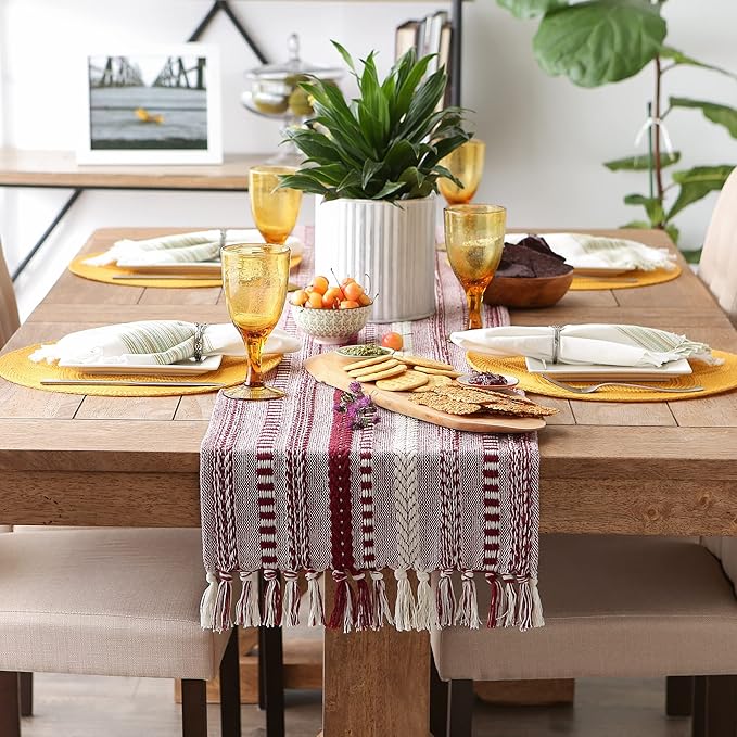DII Farmhouse Braided Stripe Table Runner Collection, 15x72 (15x77, Fringe Included), Wine