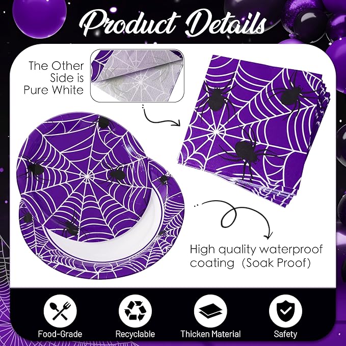 Paper Plates & Napkins, 25 Guest Disposable Party Supplies, Spider Webs and Spider Patterns Tableware Decorations Favors, 75pcs Including 9" & 7" Plates & Napkins for Halloween, Birthday, and Parties