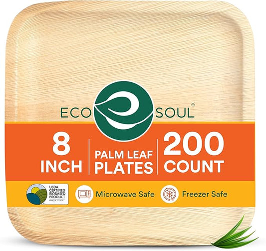ECO SOUL 8 Inch Disposable Palm Leaf Plates [200 Pack] Premium Food-Safe Heavy Duty Compostable Bamboo Paper Plates for Lunch, Dinner, Birthday, Weddings, Party, Camping & Catering Events [Square]