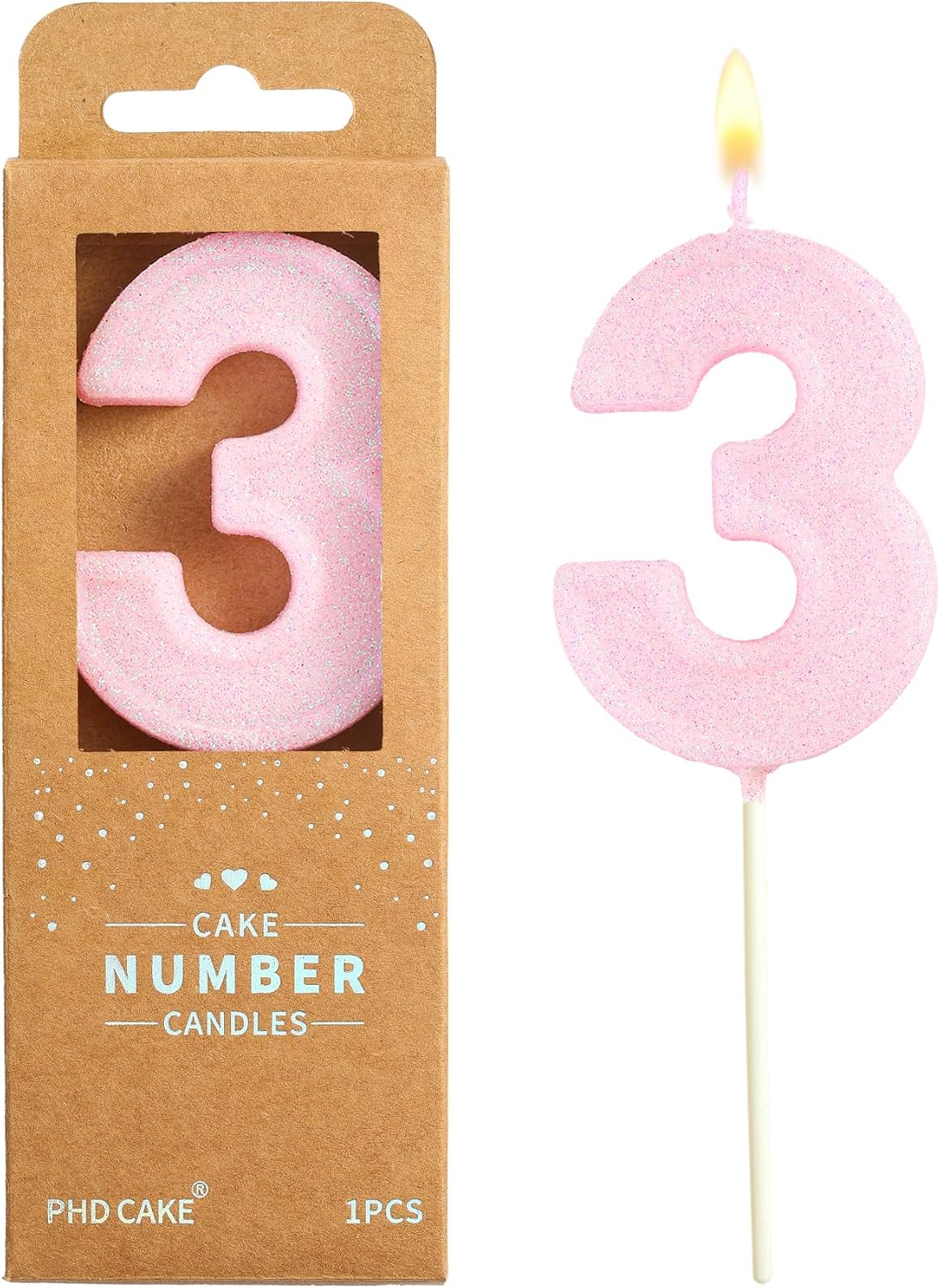 PHD CAKE 2.76 Inch Luxe Pink Glitter 3 Number Birthday Candles, Pink Number Candles, Cake Number Candles, Party Celebration
