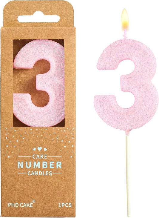 PHD CAKE 2.76 Inch Luxe Pink Glitter 3 Number Birthday Candles, Pink Number Candles, Cake Number Candles, Party Celebration