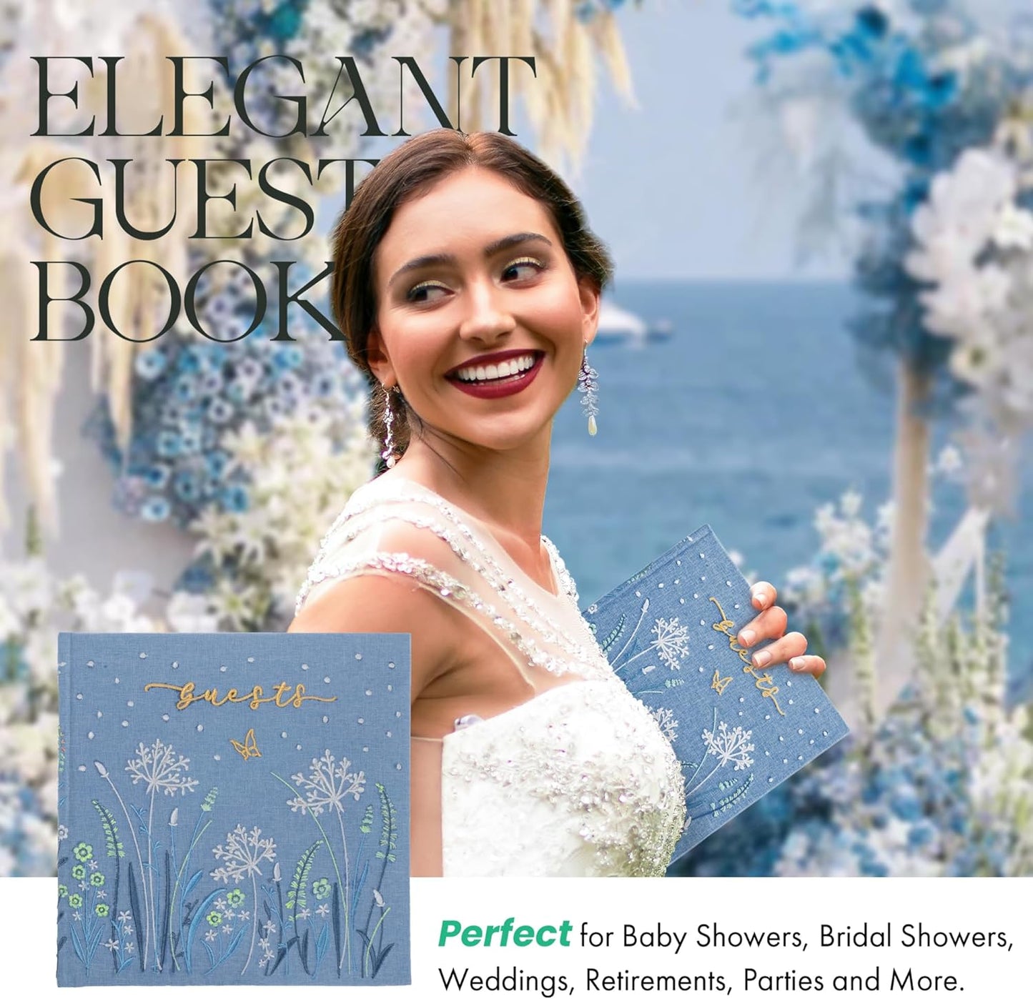 Embroidered Wedding Guest Book—The Perfect Polaroid Guest Book for Wedding Receptions, Birthdays, Baby Showers, and Special Events with 3 Photo Corner Stickers+ 3 DIY pens+1 Diamond Pen (Blue)