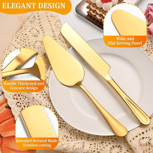 ERVILO Cake Cutting Set for Wedding, Pie Server, Stainless steel Wedding Cake Knife and Server set, Golden Cake Cutter for Birthday, Parties and Events (Gold Serving Set)