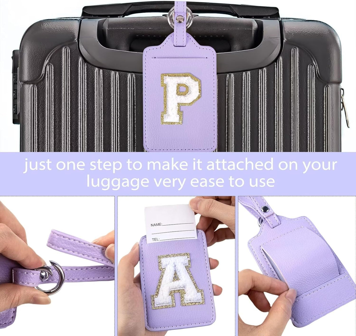 XSUIOY Personalized Initial Luggage Tags, Leather Chenille Letter Cute Luggage Tags with Privacy Name Card, Embroidered Travel Bag Backpack Tags Gifts for Women Kids Girls Teens (Purple, P)