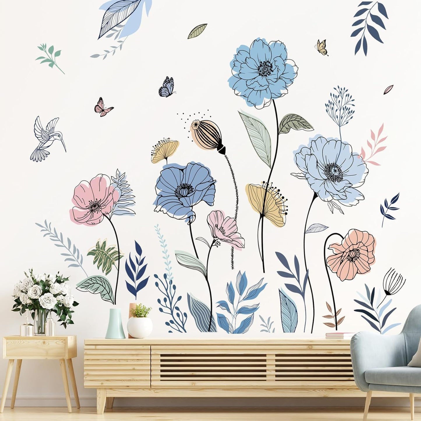 wondever Blue Boho Flower Wall Stickers Floral Grass Butterfly Peel and Stick Wall Art Decals for Living Room Bedroom TV Wall