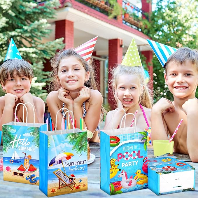 Outus 24 Pieces Summer Pool Party Favors Bags Beach Gift Goodie Paper Bags with Handles Beach Swimming Pool Candy Treat Pouch for Summer Hawaiian Luau Birthday Holiday Party Supplies