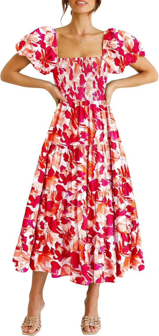 PRETTYGARDEN Women's Casual Summer Midi Dress Puffy Short Sleeve Square Neck Smocked Tiered Ruffle Dresses