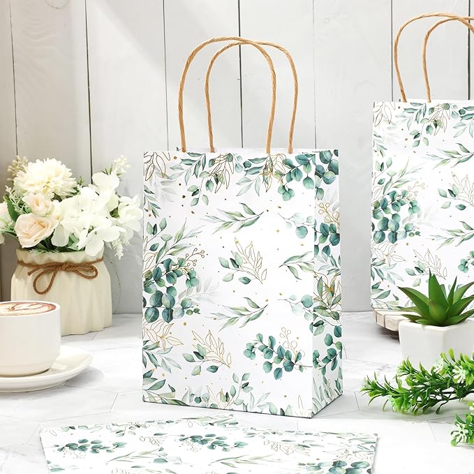 JarThenaAMCS 24Pcs Greenery Kraft Paper Gift Bags Green Gold Eucalyptus Leaves Treat Bags with Handles Candy Goodie Bag for Birthday Wedding Baby Shower Party Supplies