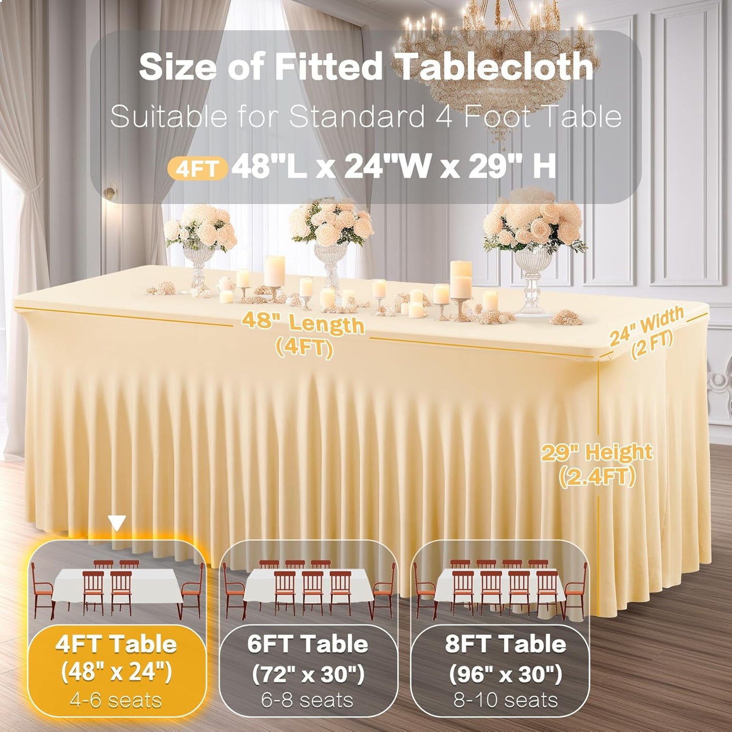 2 Packs Champagne Spandex Table Clothes for 4 Foot Rectangle Table, Spandex Table Covers 4FT Stretch Table Skirts Rectangle Tables Wrinkle Free Fitted Table Cover for Event, Wedding, Banquet & Parties
