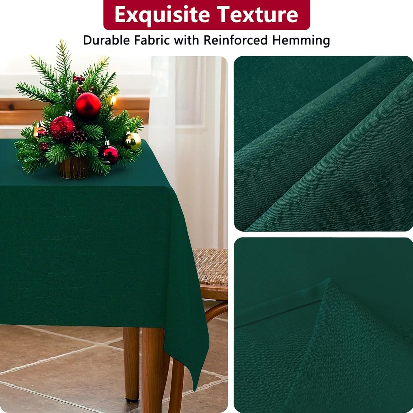 Fabric Green Christmas Rectangle Tablecloth, Faux Linen Textured Rectangular Table Cloth, Water Resistant & Washable for Dinig Party Holiday Decoration, 60 x 102 Inch
