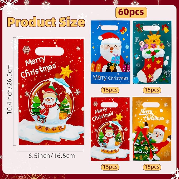 Christmas Treat Bags with Handles, 60 PCS Christmas Goodie Bags, Xmas Gift Bag, Plastic Snowman Santa Claus Candy Goody Cookie Snack Bag Holiday Party Favor Bag for Xmas Winter Party Favor Supplies