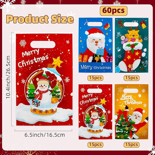 Christmas Treat Bags with Handles, 60 PCS Christmas Goodie Bags, Xmas Gift Bag, Plastic Snowman Santa Claus Candy Goody Cookie Snack Bag Holiday Party Favor Bag for Xmas Winter Party Favor Supplies