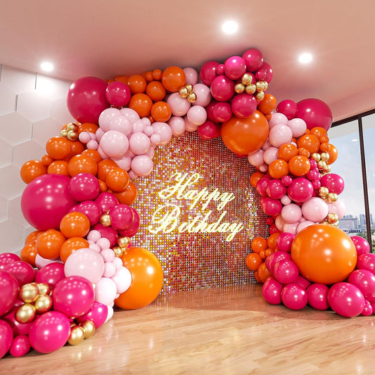 Pink and Orange Balloon Arch Kit, ADOINBY 161Pcs Hot Pink Orange Metallic Gold Latex Balloon Garland kit, 18 12 10 5 Inch Different Size Balloons for Birthday Baby Shower Wedding Party Decorations