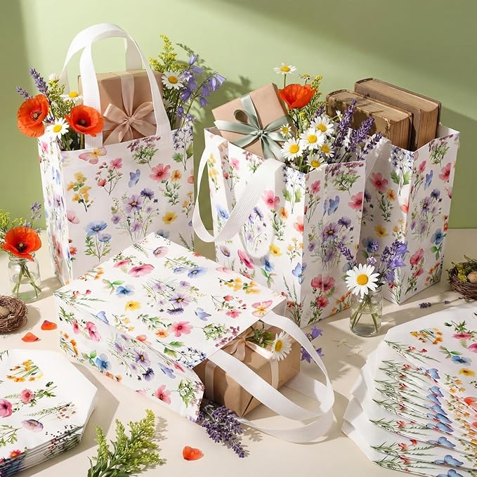 Supervitae 24 Pack Brightly Floral Gift Bags Medium Floral Party Favor Bags Reusable Totes Non Woven Goodie Totes for Spring Summer Wedding Birthday Baby Shower Family Travel(9.8" x 7.9" x 3.9")
