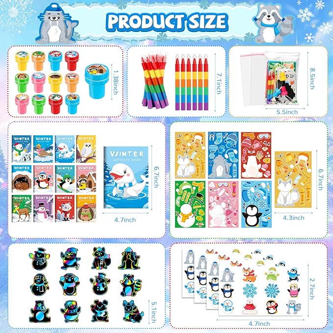 BenLouis Winter Party Favors Set Holiday Themed Coloring Book Classroom Gift Prizes Bulk for Students Kids Christmas Frozen Birthday Goodie Bag Stuffers Pinata Filler (24Set Animals)