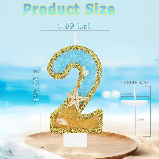 ElekFX Ocean Number 2 Candle, Glitter Gold Beach Starfish Cake Topper, Tropical Ocean Princess Birthday Decorations for Party Supplies Wedding Anniversaries