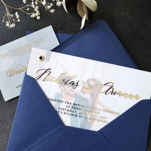Elegant Vellum Wedding Invitations with Gold Foil and Picture, Personalized Foiled Invitation in Gold,Silver,Rose Gold, Custom Photo Invites (A6 (4" x 6" or 10 x 15 cm), Gold Foil)